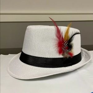 White Fedora Hat Feather Band Trilby Cap Fashion